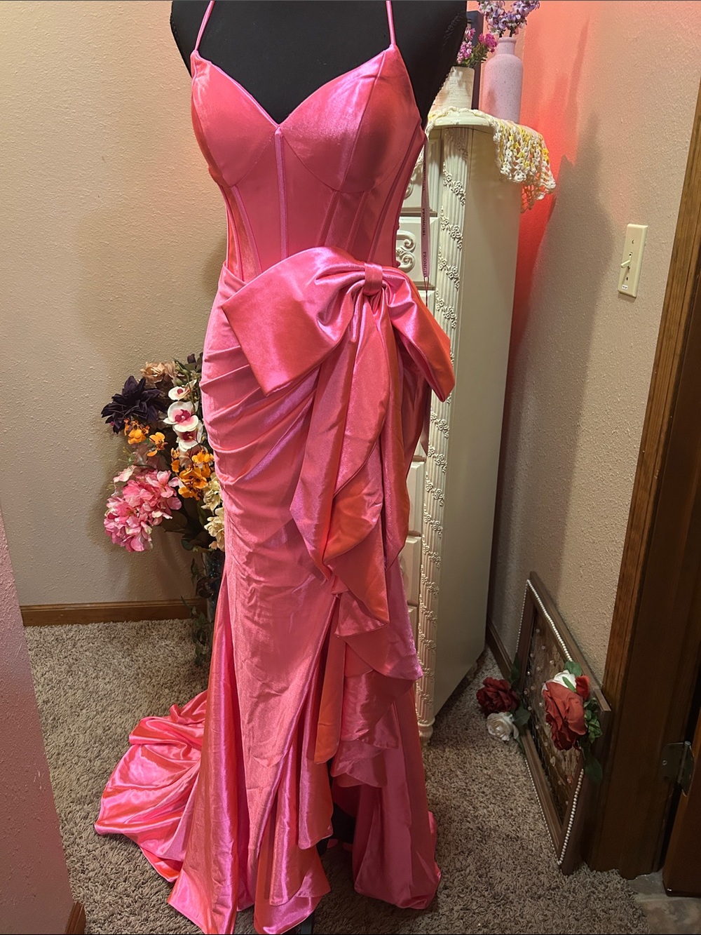 PromGirl Hot Pink Satin Corset Mermaid Gown with Draped Bow